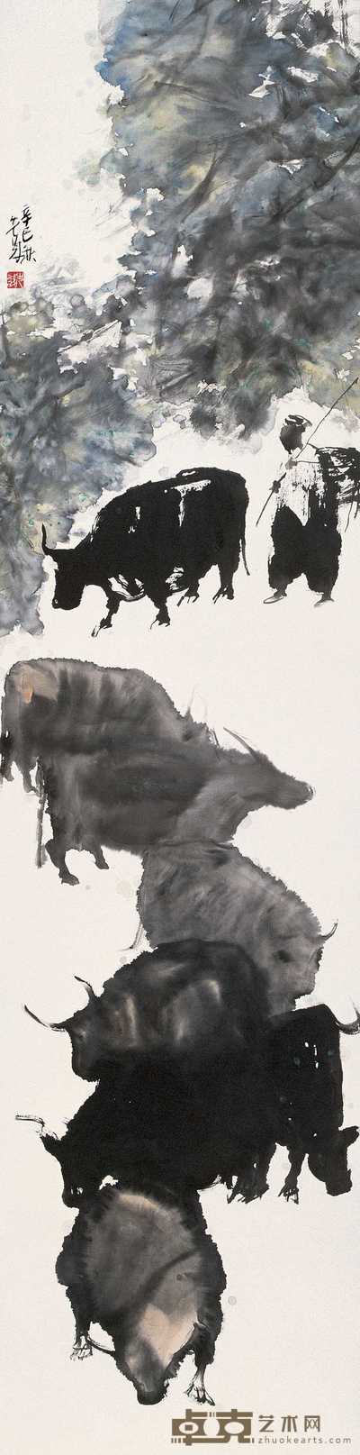 彭先诚 辛巳（2001年）作 牧牛图 立轴 135.5×34cm